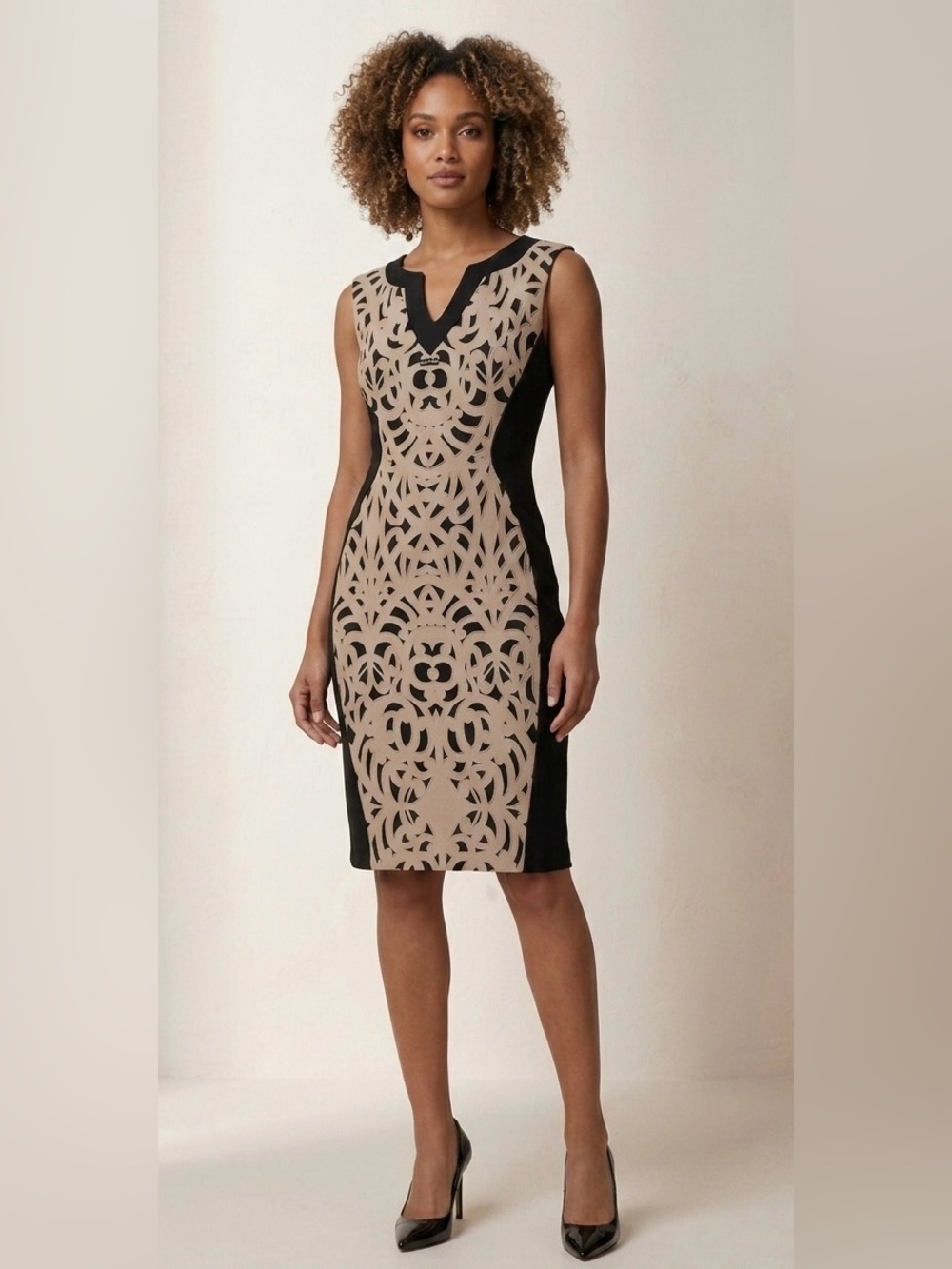 Joseph Ribkoff Laser Cut Sheath Dress Black Cream Colorblock Sleeveless 4